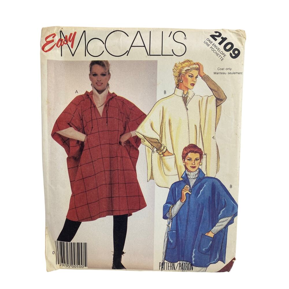 Vtg 1985 McCall's 2109 Misses Poncho Sewing Pattern UC FF OSFM Easy Hooded Cape